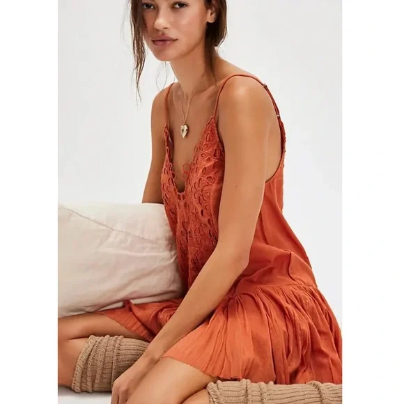 Free People FP One Casella Drop Waist Embroidered Slip Mini Dress in Rust - Picture 1 of 7